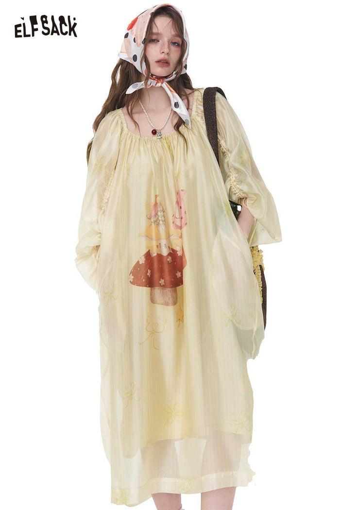 ELFSACK Cartoon Print Puff Sleeve A-Line Dress
