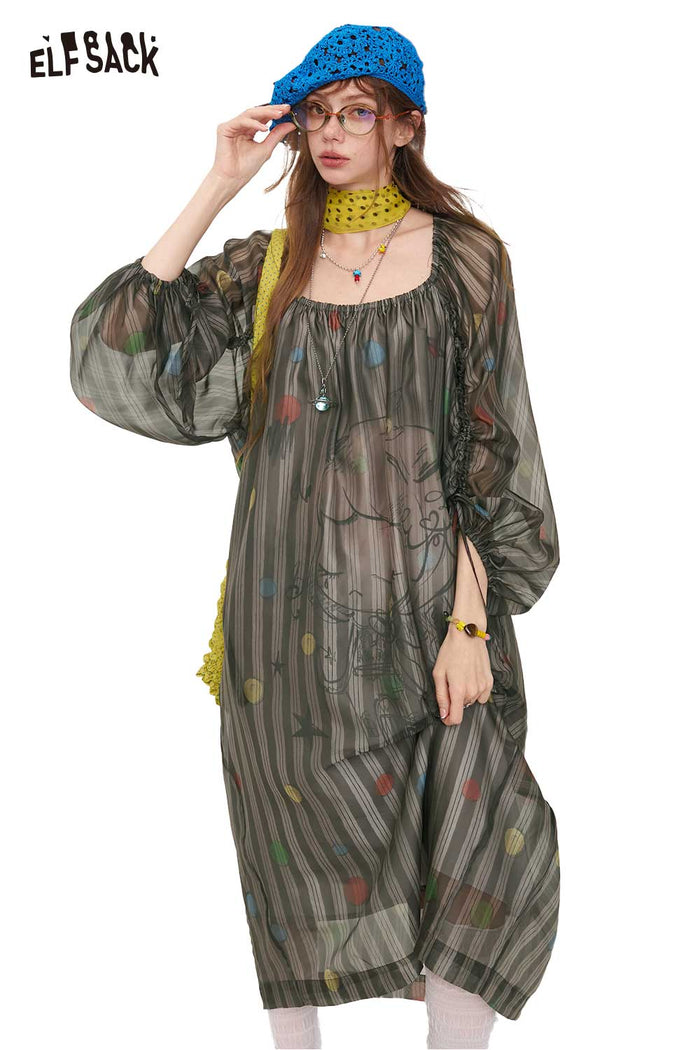 ELFSACK Cartoon Print Puff Sleeve A-Line Dress