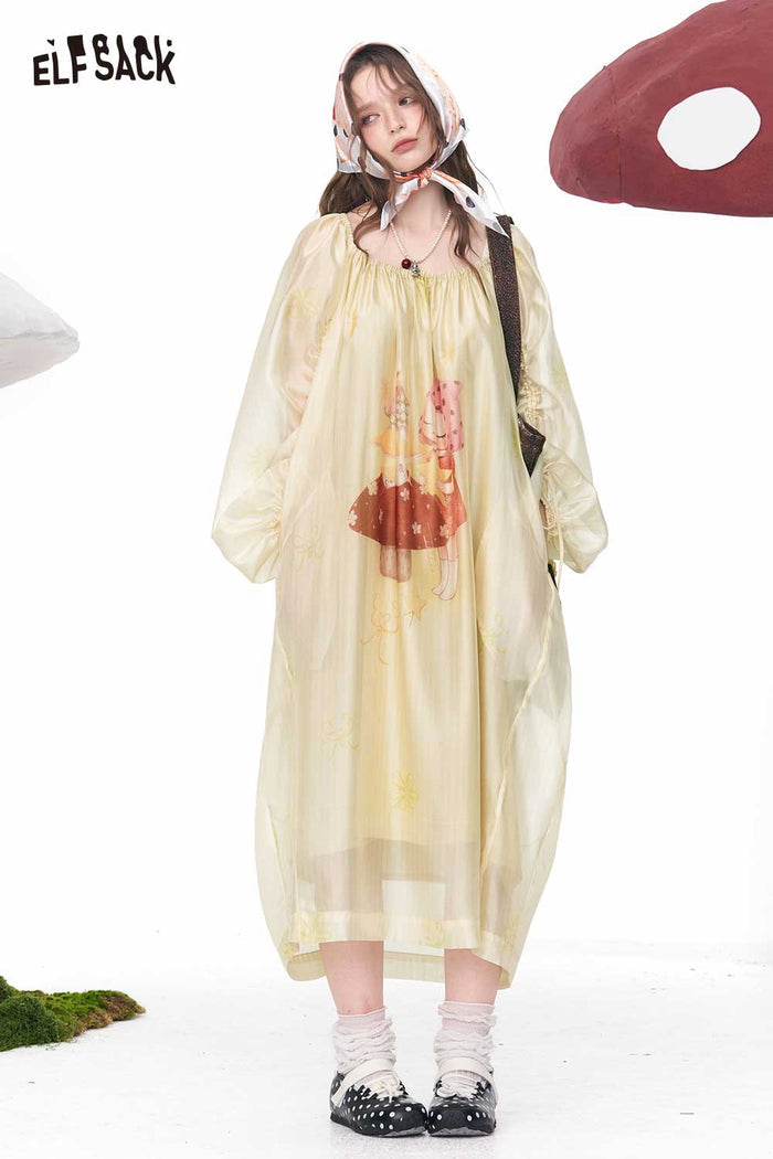 ELFSACK Cartoon Print Puff Sleeve A-Line Dress