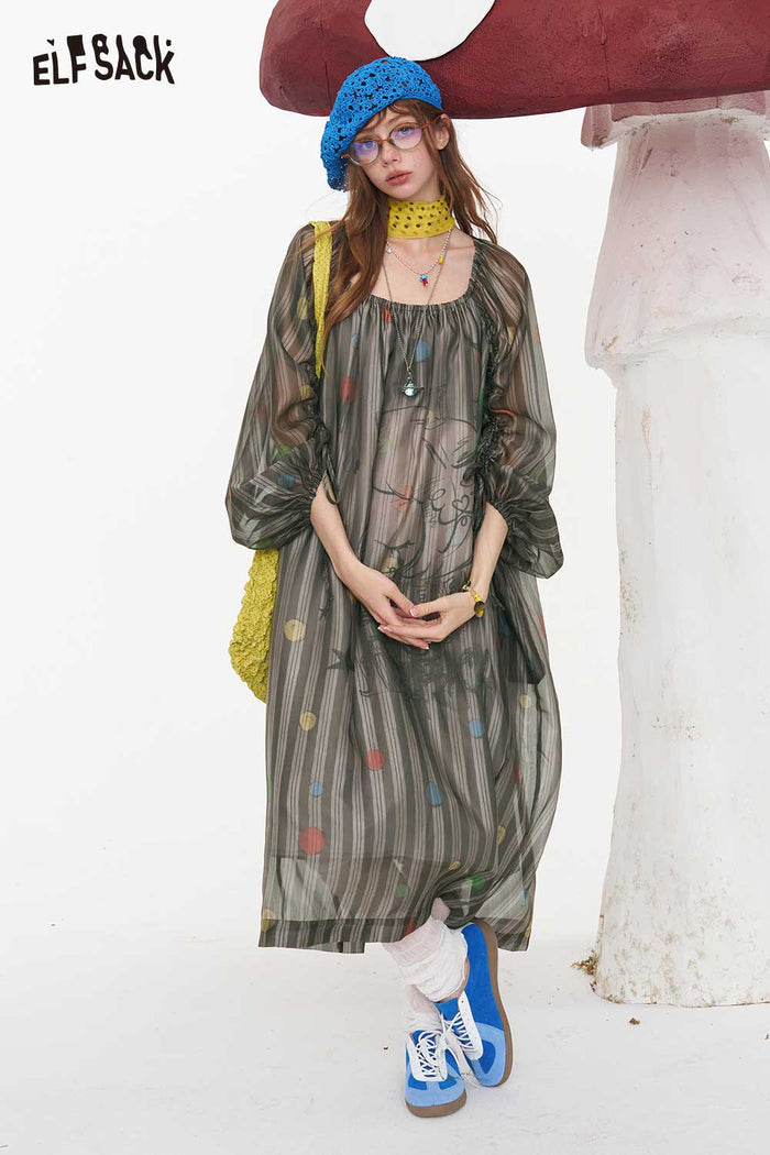 ELFSACK Cartoon Print Puff Sleeve A-Line Dress