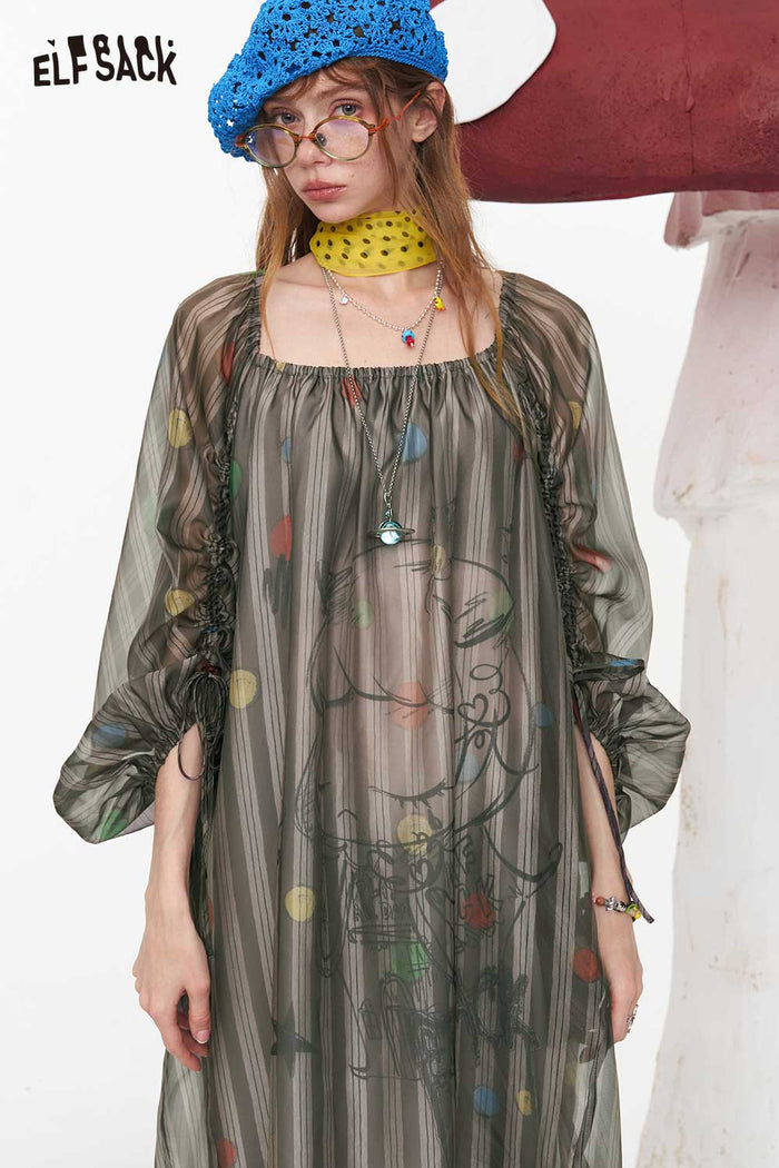 ELFSACK Cartoon Print Puff Sleeve A-Line Dress