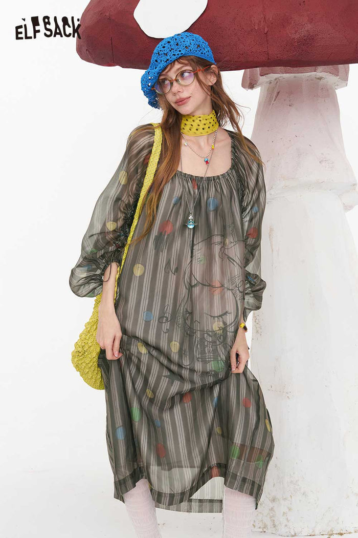 ELFSACK Cartoon Print Puff Sleeve A-Line Dress