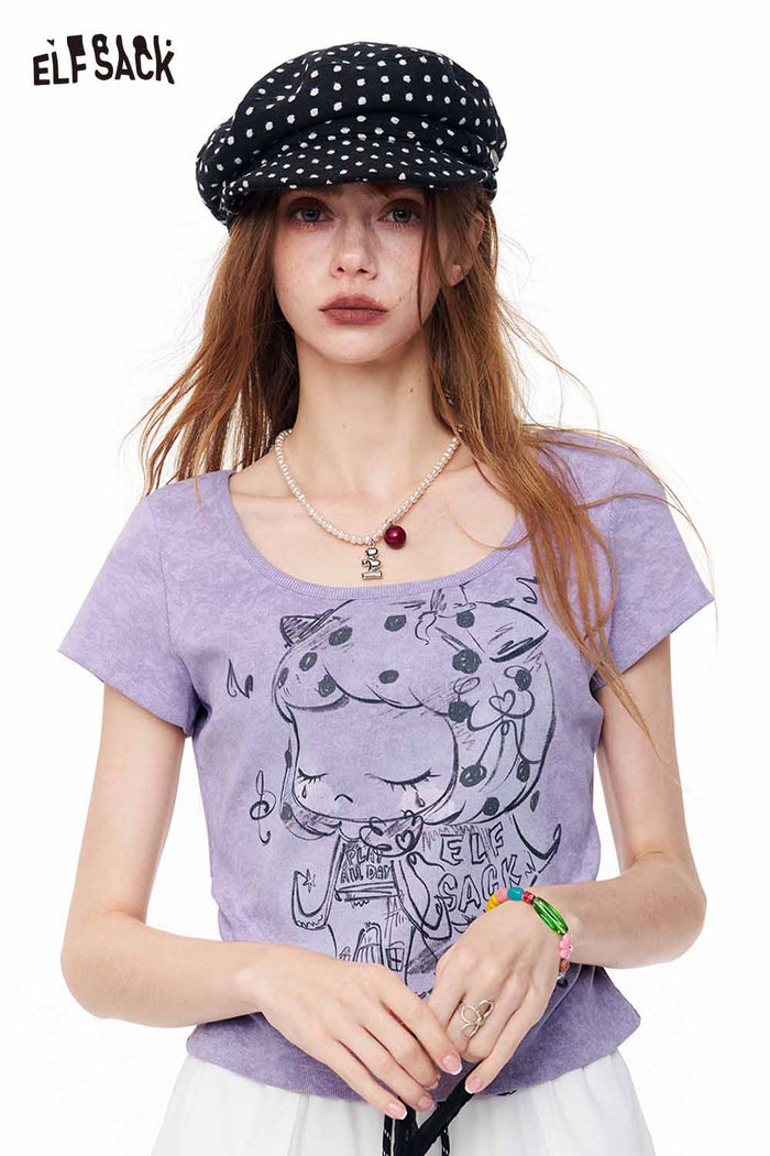 ELFSACK Cartoon Print Ruched Curved Hem Tee