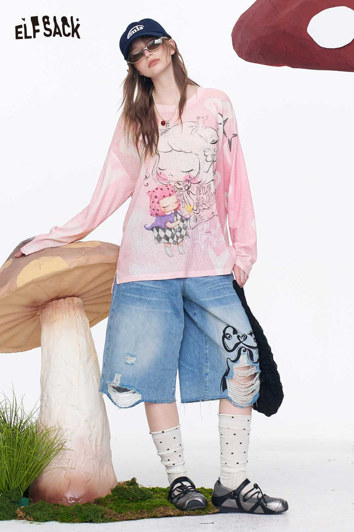 ELFSACK Cartoon Print Sheer Long Sleeve Top