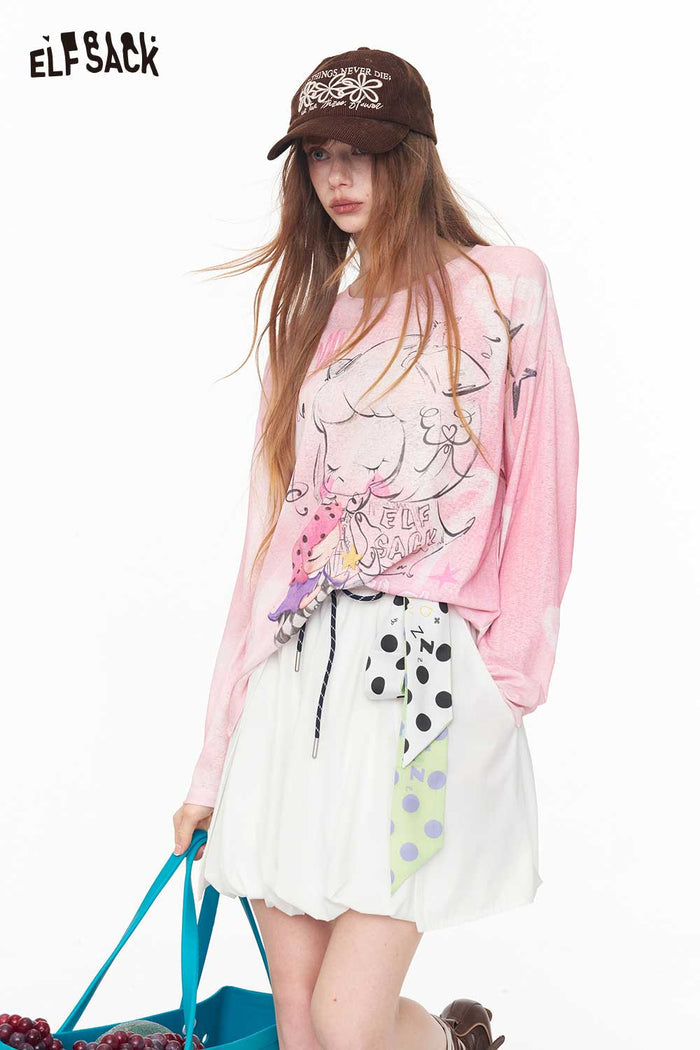 ELFSACK Cartoon Print Sheer Long Sleeve Top