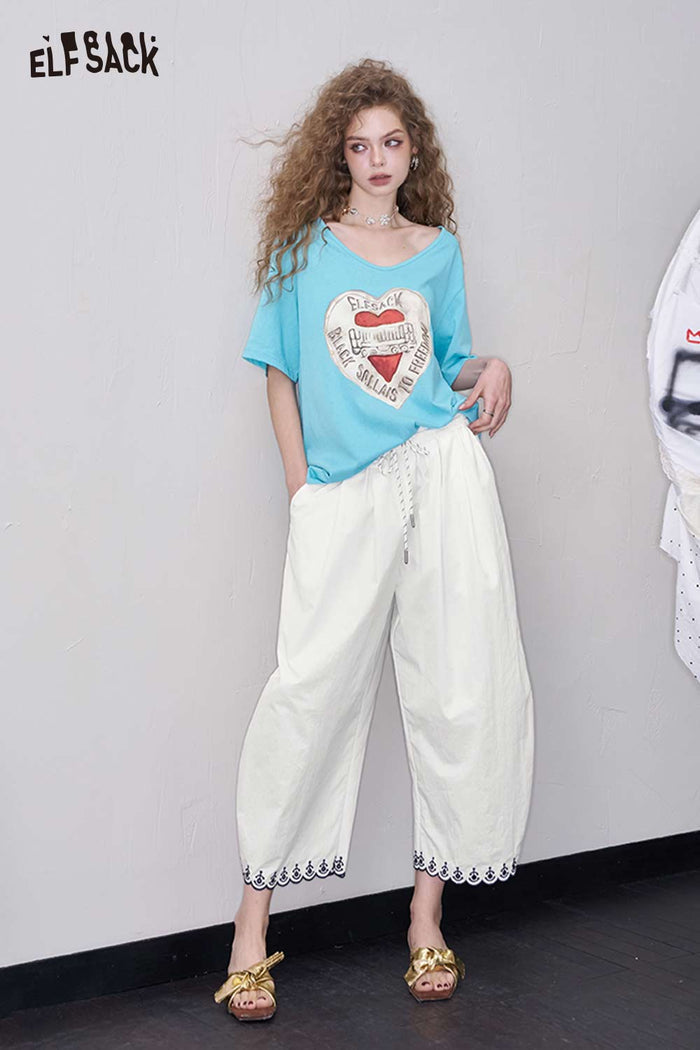 ELFSACK Casual Balloon Pants with Embroidered Hem
