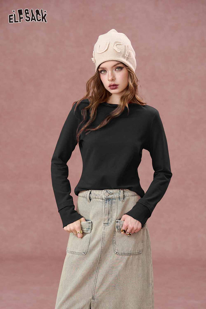ELFSACK Casual Basic Solid Half High Neck Lace Trim Tshirt