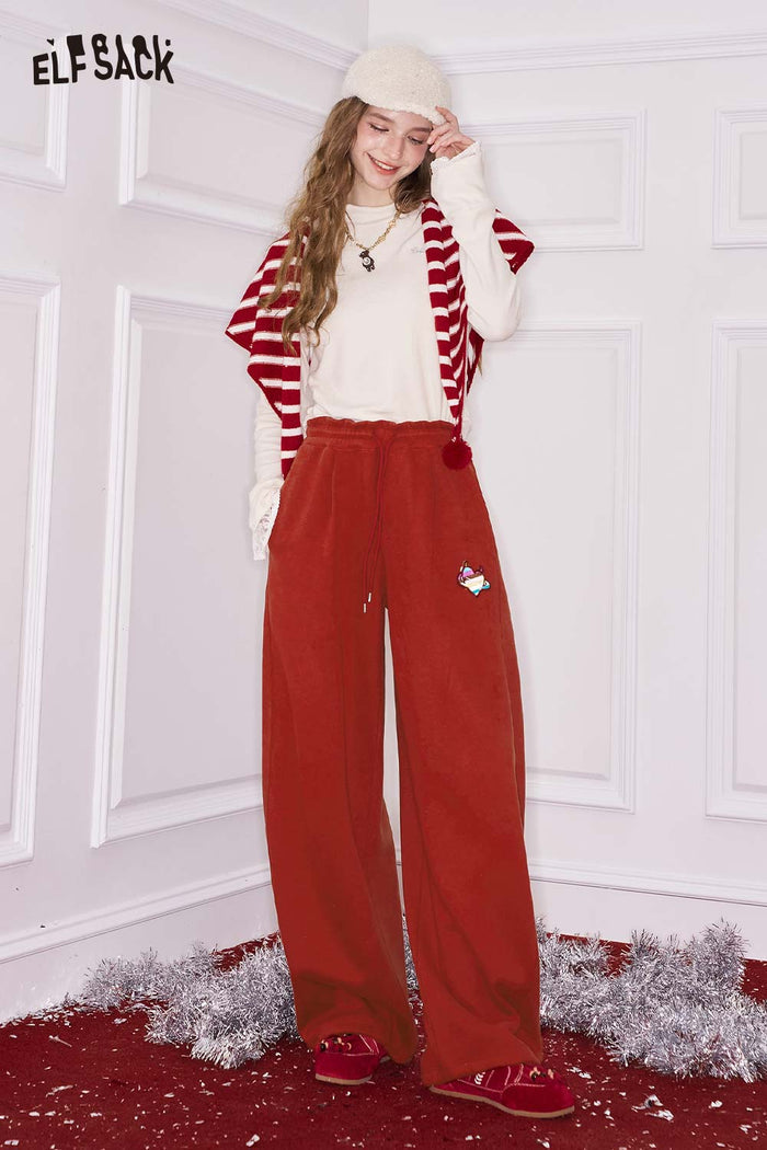 ELFSACK Casual Classic Heart Embroidery Loose Wide Leg Floor Length Pants