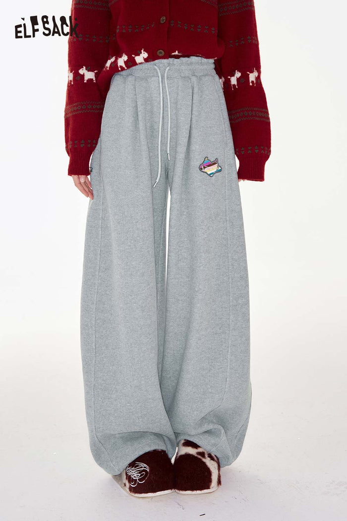 ELFSACK Casual Classic Heart Embroidery Loose Wide Leg Floor Length Pants