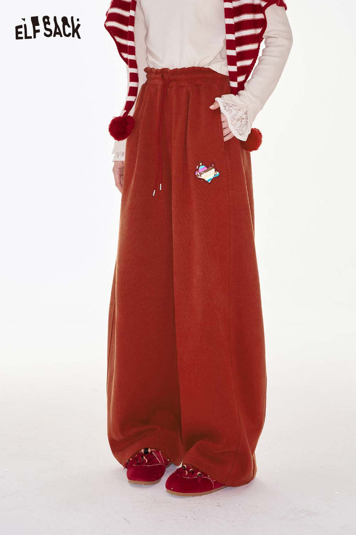 ELFSACK Casual Classic Heart Embroidery Loose Wide Leg Floor Length Pants