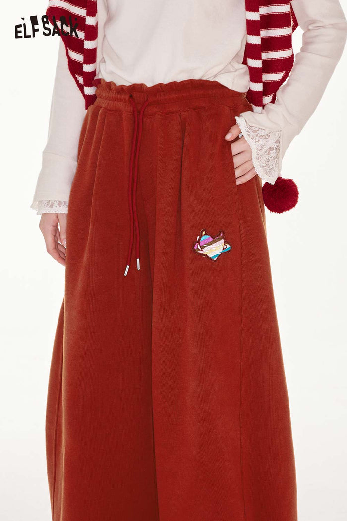 ELFSACK Casual Classic Heart Embroidery Loose Wide Leg Floor Length Pants