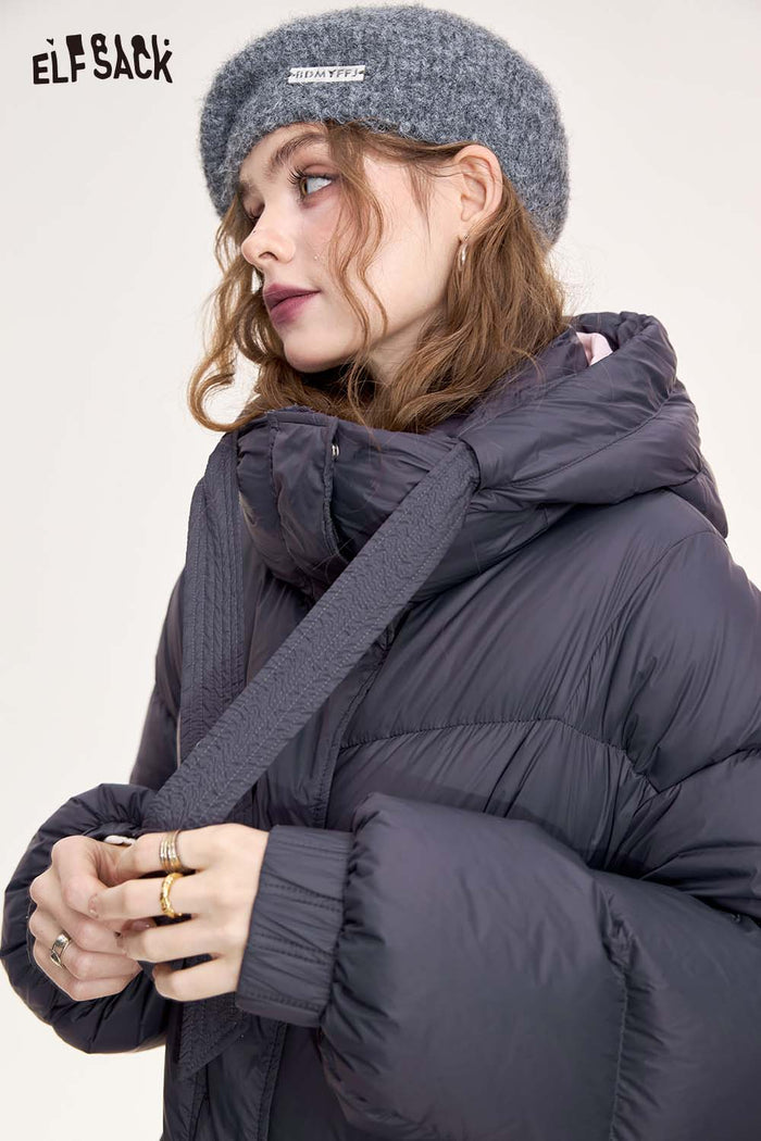 ELFSACK Casual Color Block Midi Hooded Down Jacket