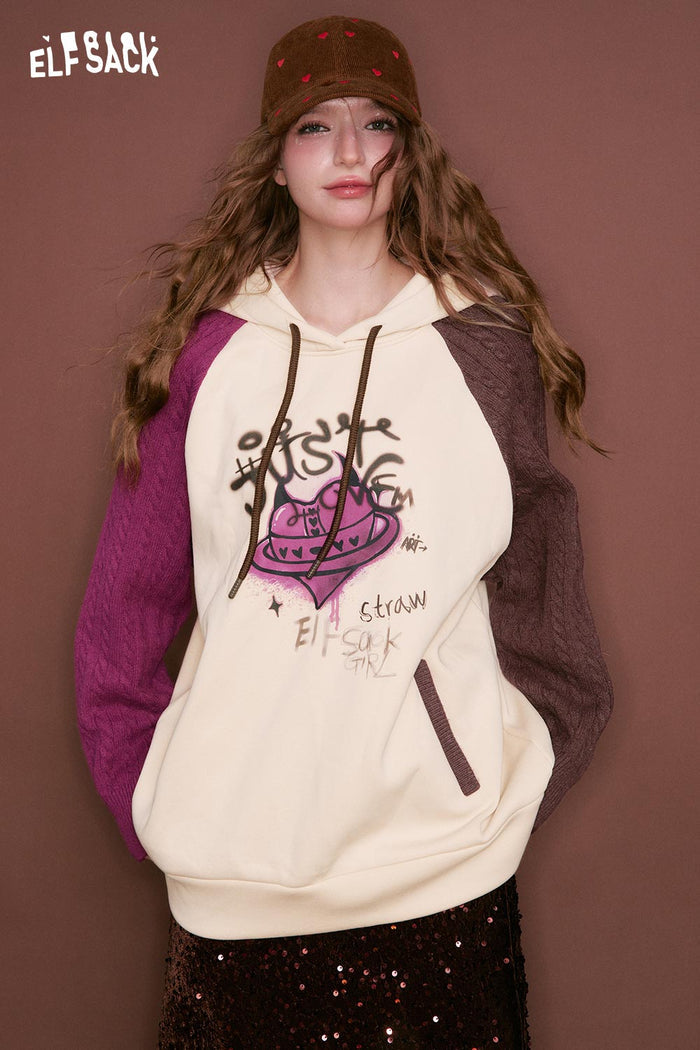 ELFSACK Casual Color Block Raglan Sleeve Heart Letter Doodle Pocket Hoodie