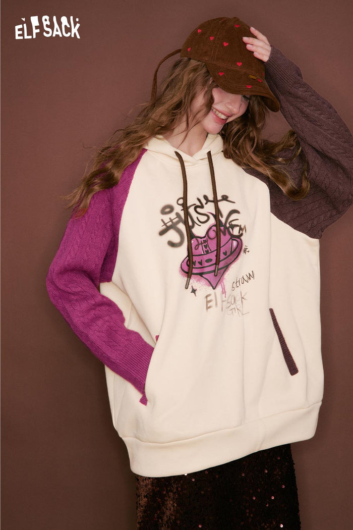 ELFSACK Casual Color Block Raglan Sleeve Heart Letter Doodle Pocket Hoodie