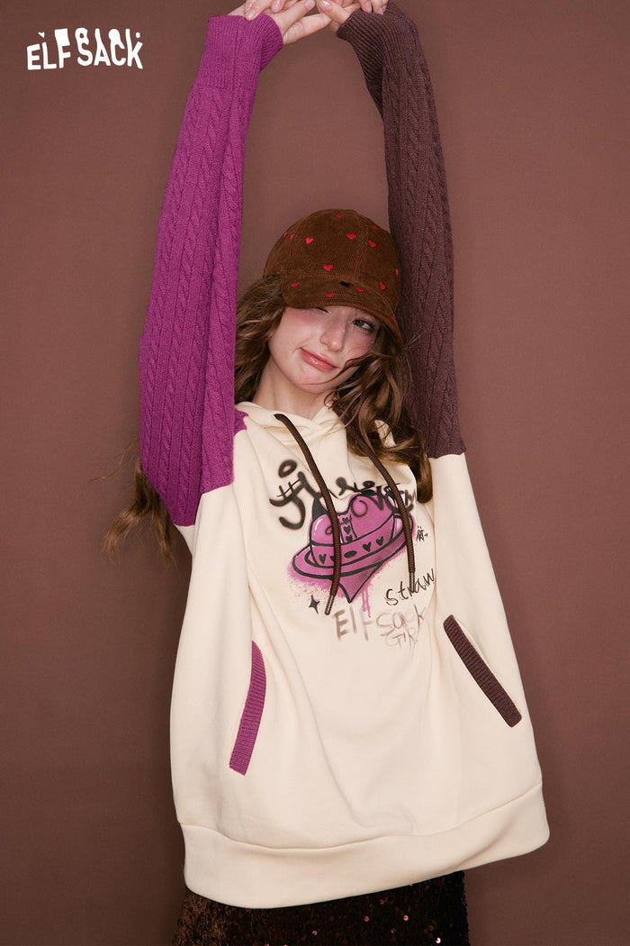 ELFSACK Casual Color Block Raglan Sleeve Heart Letter Doodle Pocket Hoodie