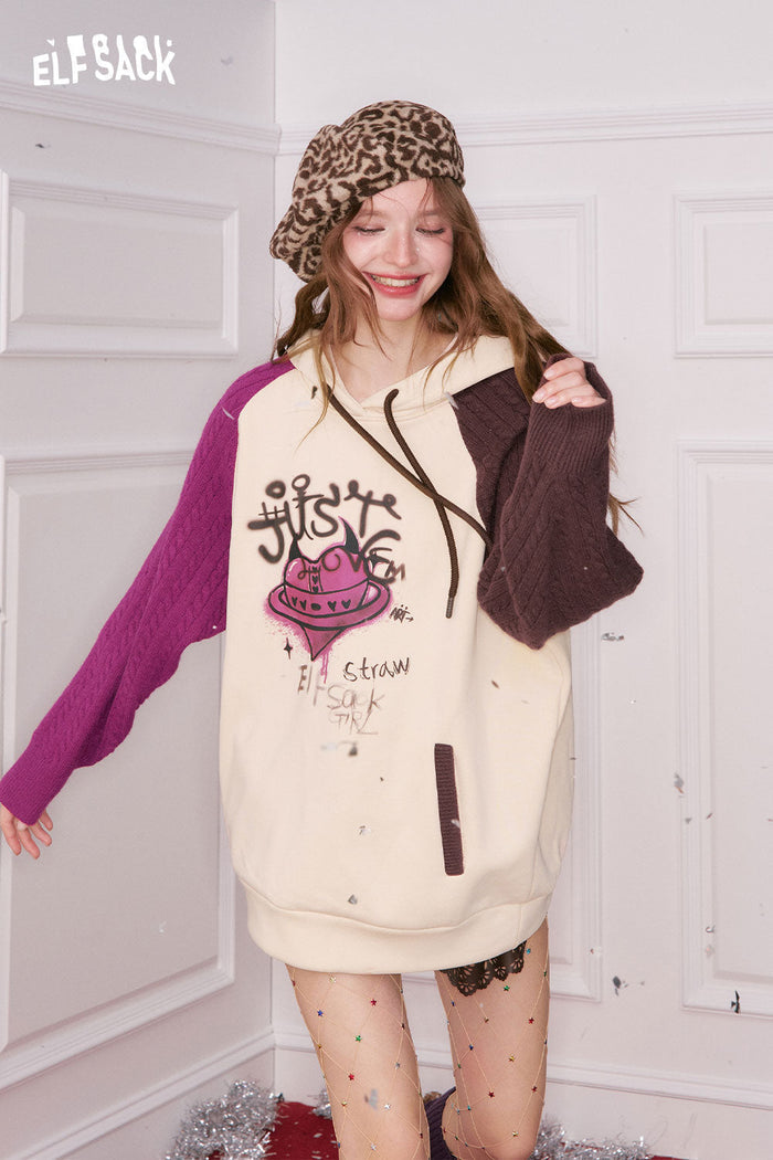 ELFSACK Casual Color Block Raglan Sleeve Heart Letter Doodle Pocket Hoodie