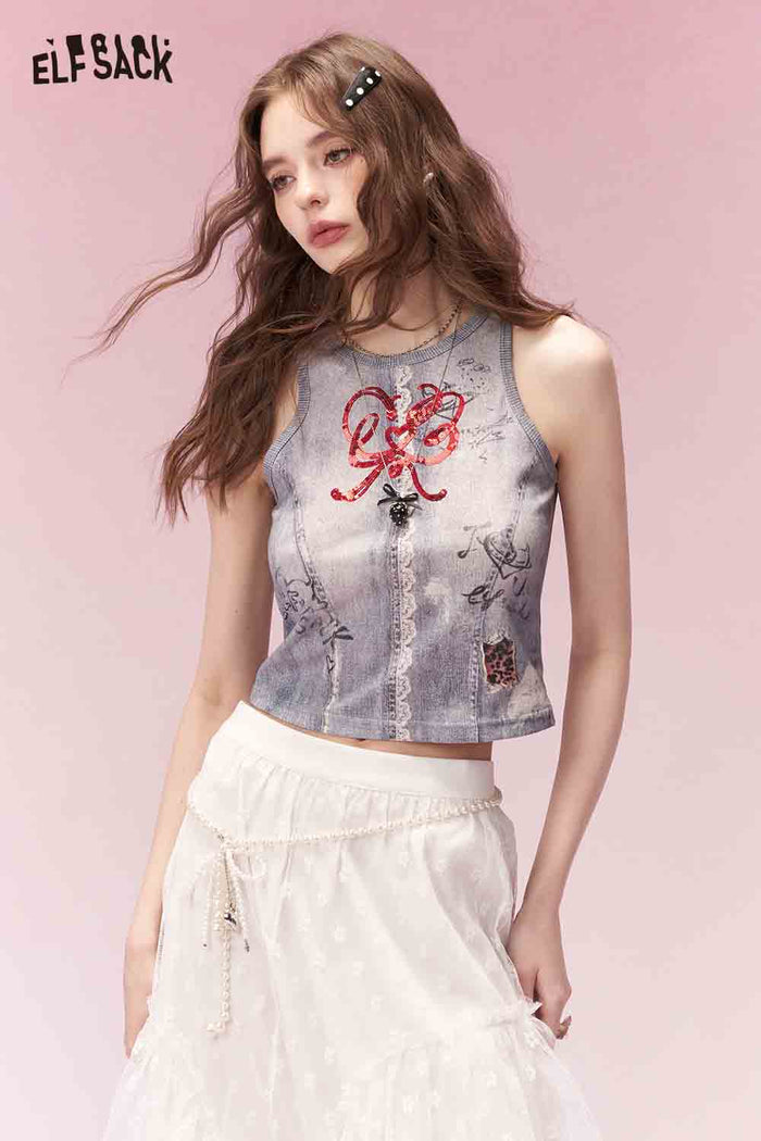 ELFSACK Casual Cotton Fitting Graphic Bow Bead Embroidery Lace Short Camisole