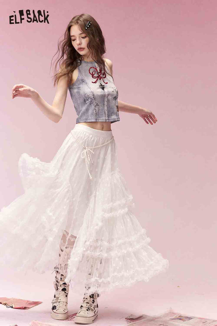 ELFSACK Casual Cotton Fitting Graphic Bow Bead Embroidery Lace Short Camisole