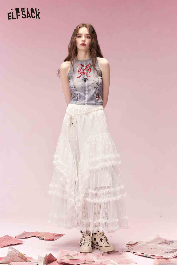 ELFSACK Casual Cotton Fitting Graphic Bow Bead Embroidery Lace Short Camisole