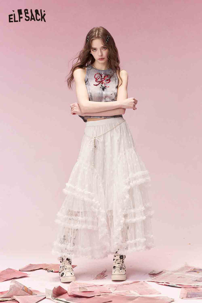 ELFSACK Casual Cotton Fitting Graphic Bow Bead Embroidery Lace Short Camisole