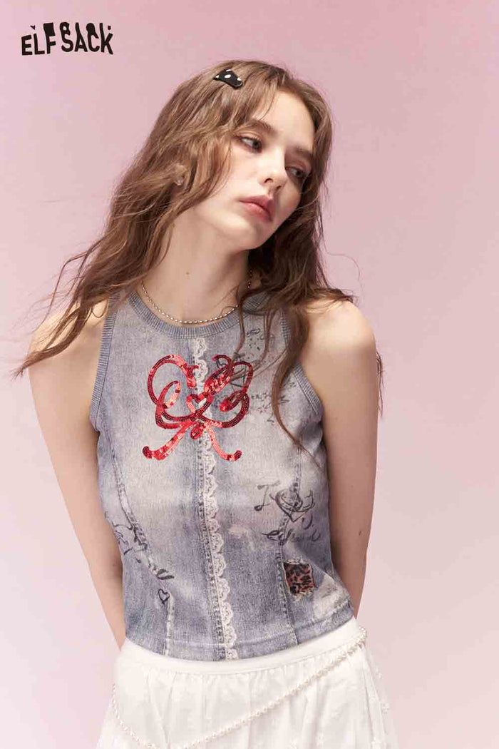 ELFSACK Casual Cotton Fitting Graphic Bow Bead Embroidery Lace Short Camisole