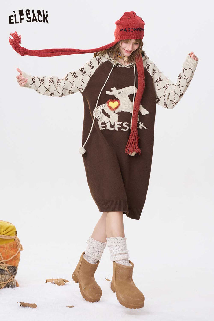 ELFSACK Casual Cute Graphic Diamond Hooded Long Sleeve Knit Dress