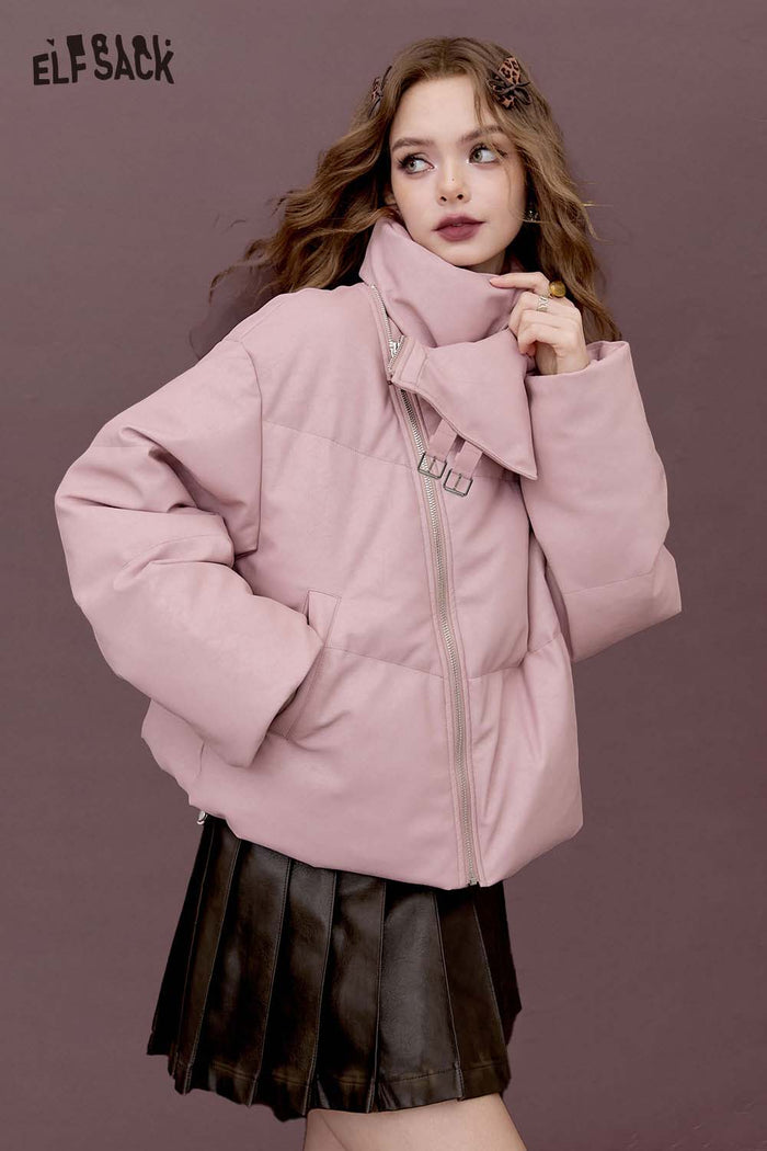 ELFSACK Casual Design Warm PU Leather Short Down Jacket