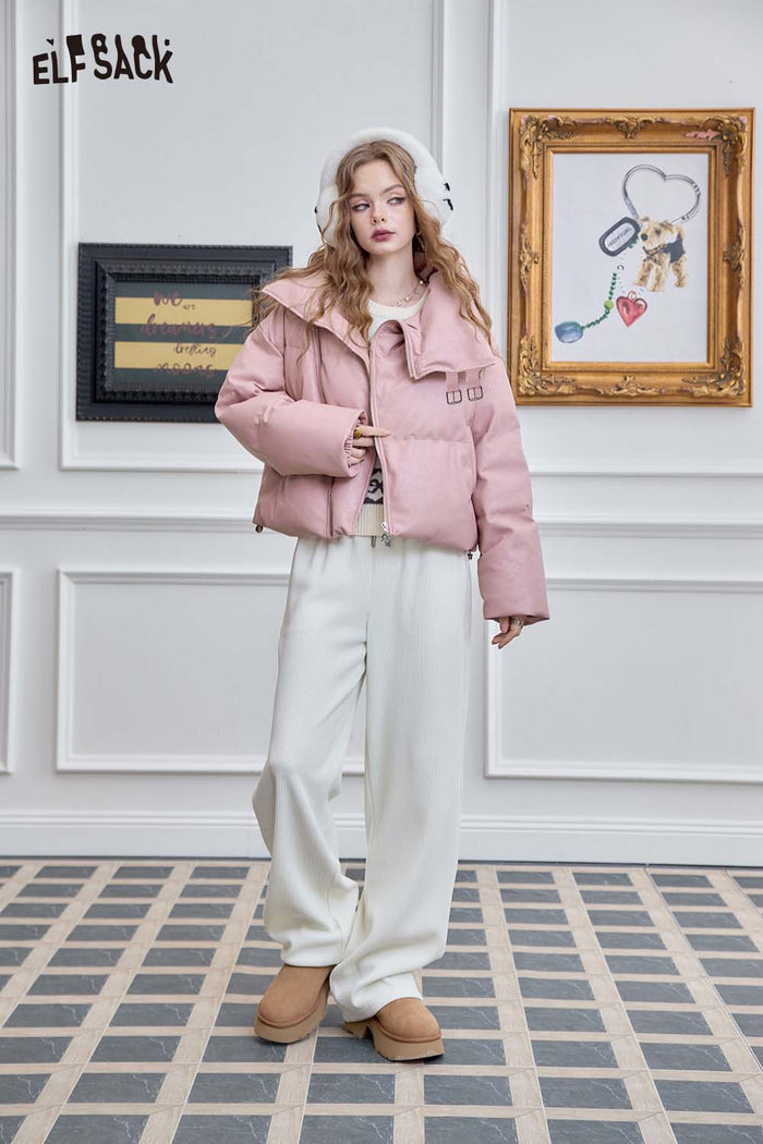 ELFSACK Casual Design Warm PU Leather Short Down Jacket
