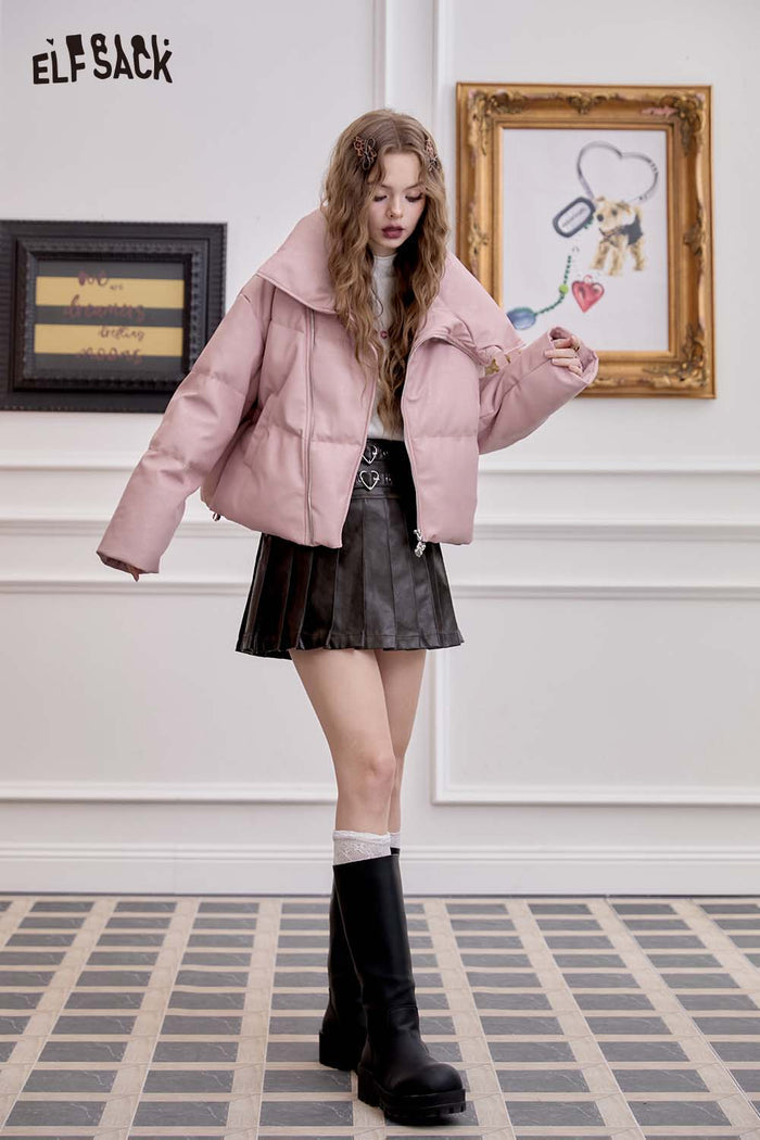 ELFSACK Casual Design Warm PU Leather Short Down Jacket
