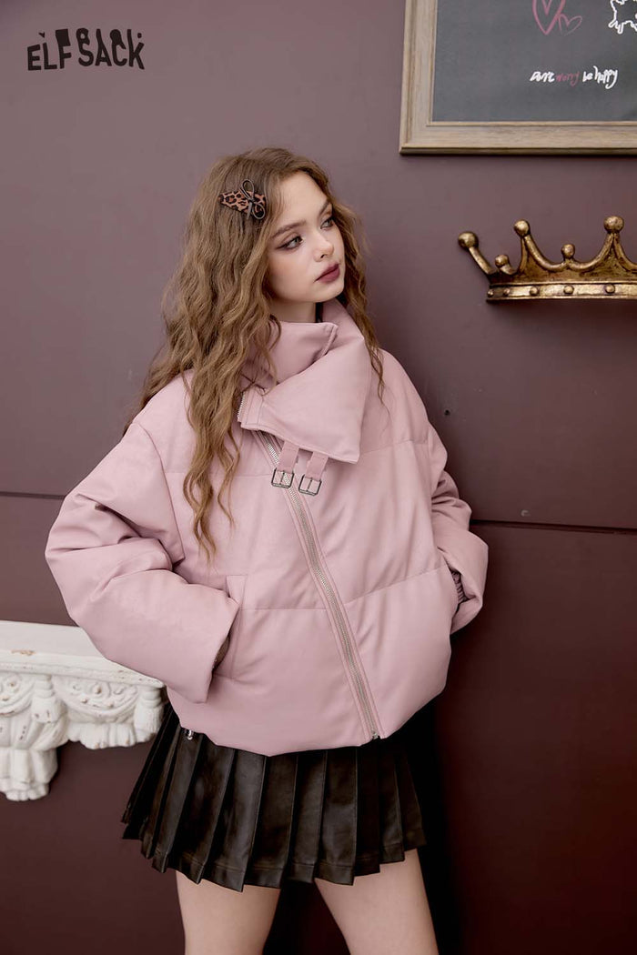 ELFSACK Casual Design Warm PU Leather Short Down Jacket