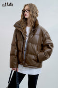 ELFSACK Casual Design Warm Puffer PU Leather Short Down Jacket