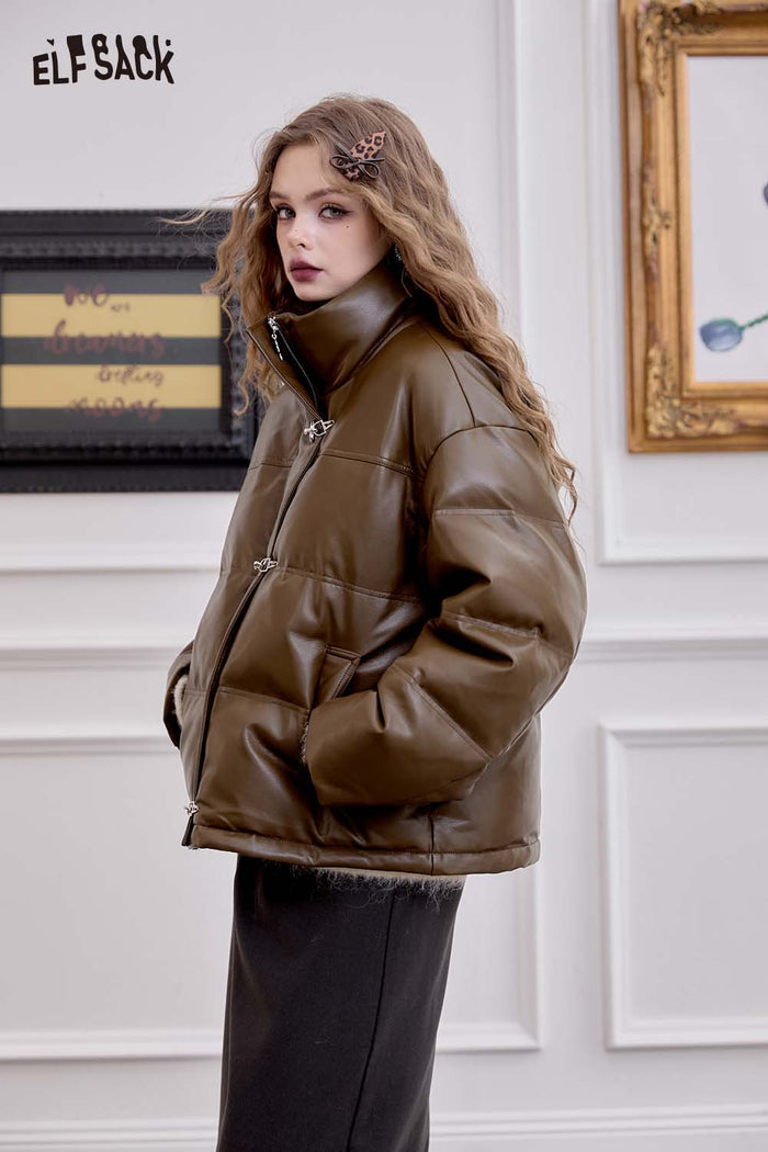 ELFSACK Casual Design Warm Puffer PU Leather Short Down Jacket