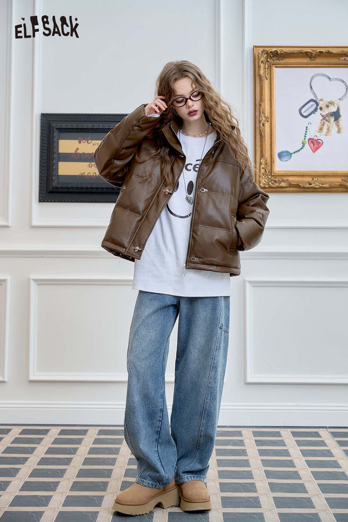 ELFSACK Casual Design Warm Puffer PU Leather Short Down Jacket