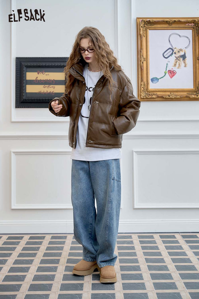 ELFSACK Casual Design Warm Puffer PU Leather Short Down Jacket