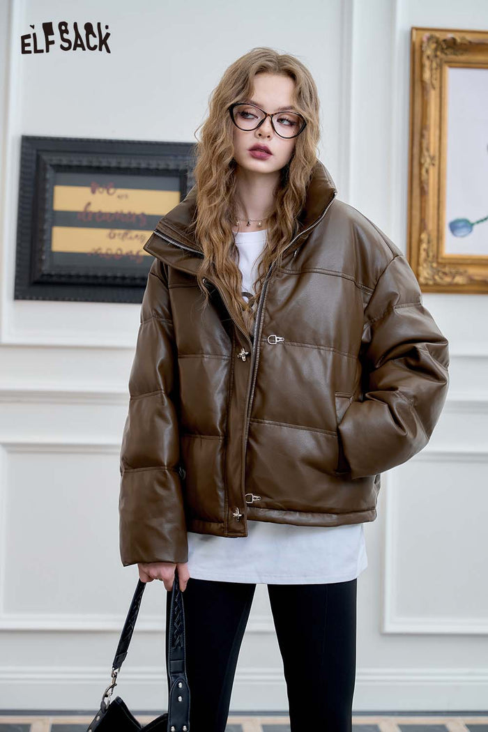 ELFSACK Casual Design Warm Puffer PU Leather Short Down Jacket