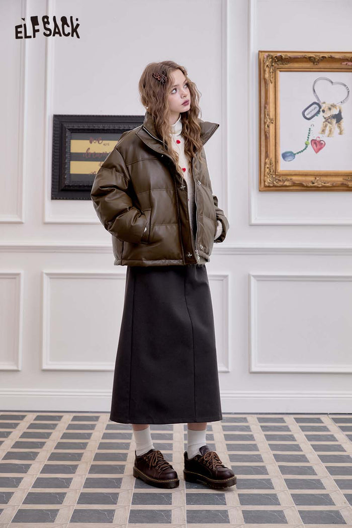 ELFSACK Casual Design Warm Puffer PU Leather Short Down Jacket