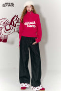 ELFSACK Casual Fitting Polo Neck Half Zip Embroidery Rose Pink Sweater