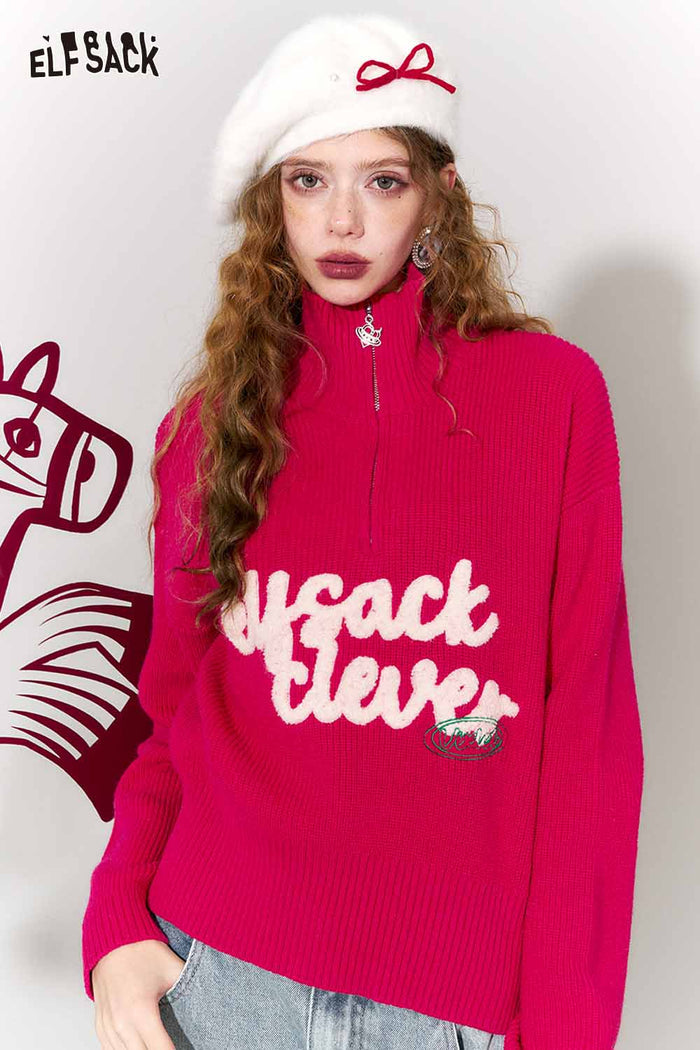 ELFSACK Casual Fitting Polo Neck Half Zip Embroidery Rose Pink Sweater