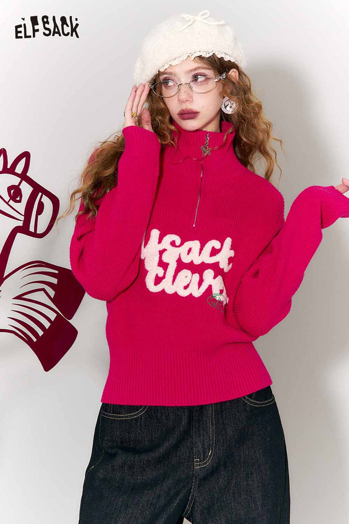 ELFSACK Casual Fitting Polo Neck Half Zip Embroidery Rose Pink Sweater