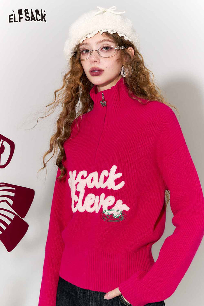 ELFSACK Casual Fitting Polo Neck Half Zip Embroidery Rose Pink Sweater