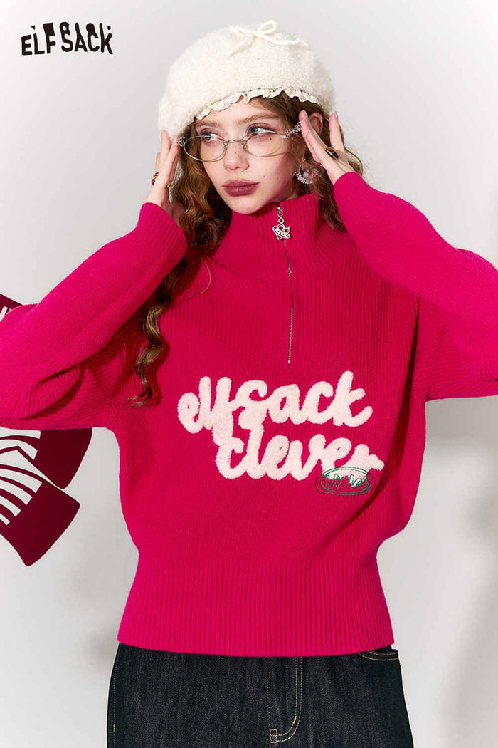 ELFSACK Casual Fitting Polo Neck Half Zip Embroidery Rose Pink Sweater