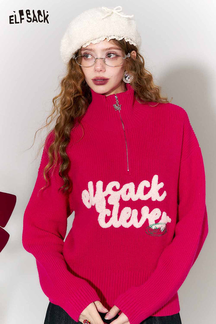 ELFSACK Casual Fitting Polo Neck Half Zip Embroidery Rose Pink Sweater