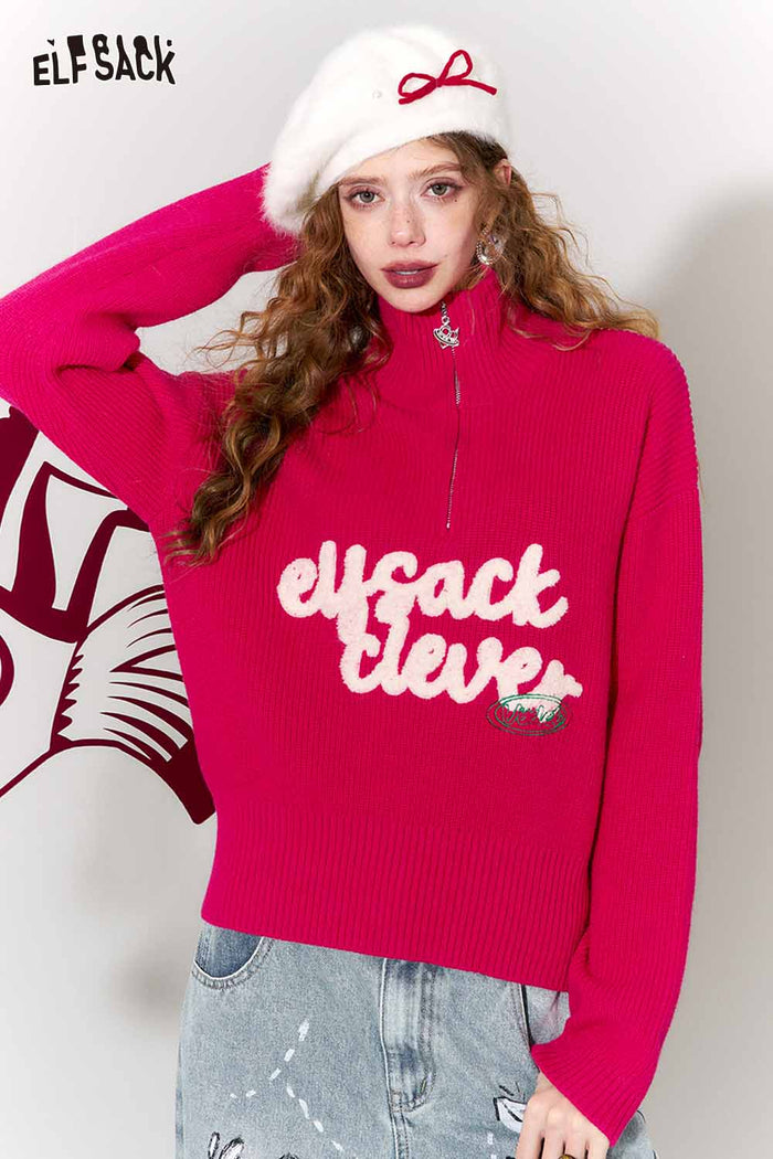 ELFSACK Casual Fitting Polo Neck Half Zip Embroidery Rose Pink Sweater