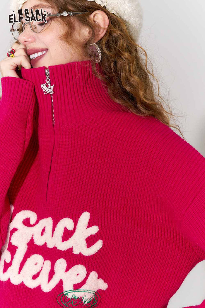 ELFSACK Casual Fitting Polo Neck Half Zip Embroidery Rose Pink Sweater