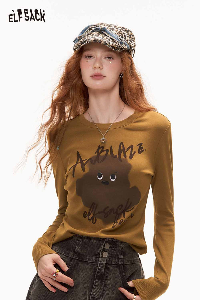 ELFSACK Casual Graphic Slimming Long Sleeve Tshirt