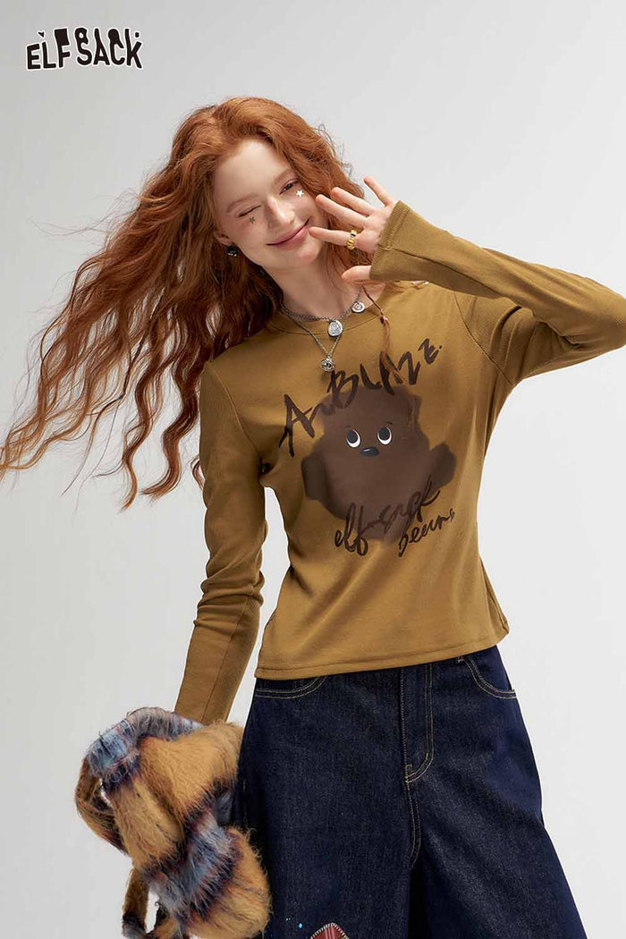 ELFSACK Casual Graphic Slimming Long Sleeve Tshirt