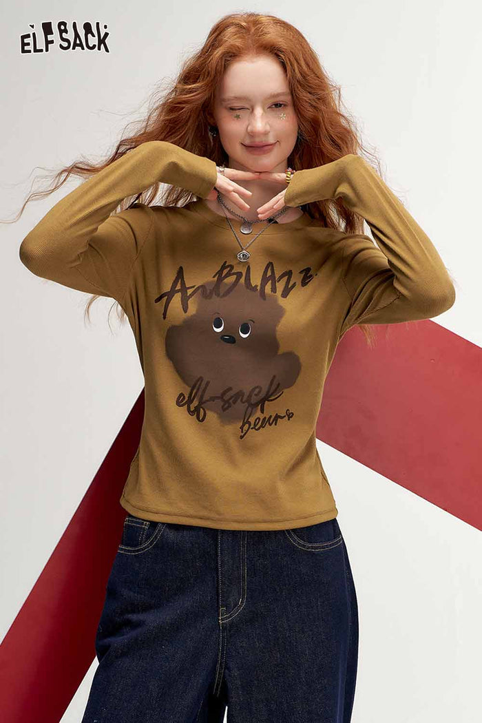 ELFSACK Casual Graphic Slimming Long Sleeve Tshirt