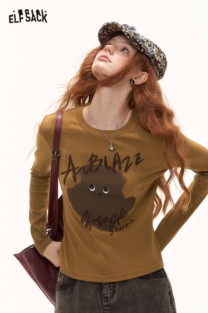 ELFSACK Casual Graphic Slimming Long Sleeve Tshirt