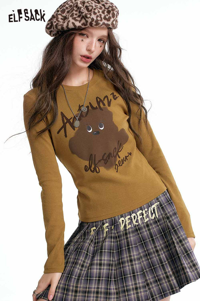 ELFSACK Casual Graphic Slimming Long Sleeve Tshirt