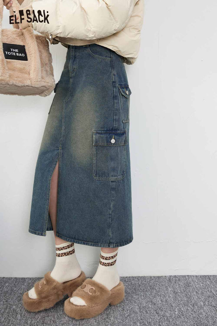 ELFSACK Casual High Waist Denim Long Skirt